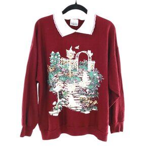 Basic Editions Cat Graphic Sweatshirt Womens L Burgundy Vintage 90s Grannycore